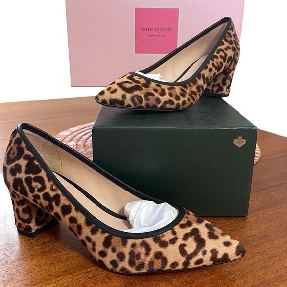 NIB Kate Spade Menorca Calf Hair Pointed Toe Pump Block Heel Brown Black Sz 5.5